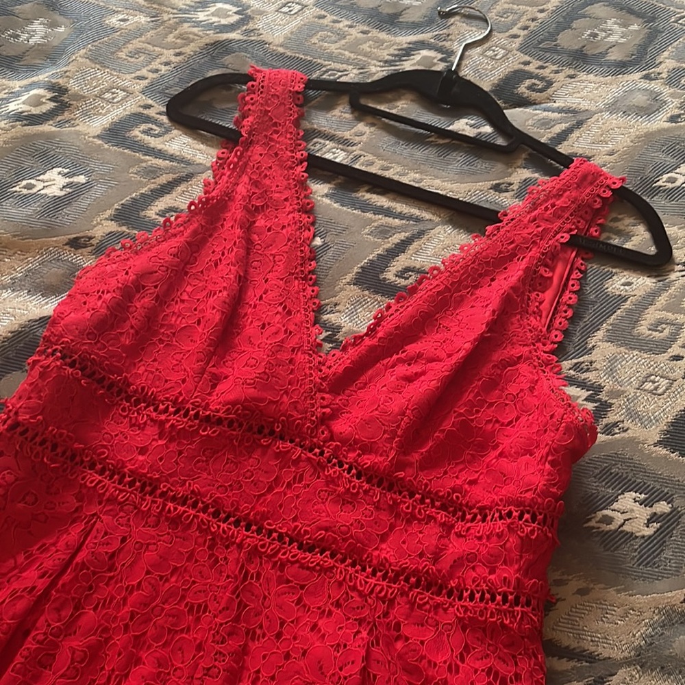Red Lace V-Neck Romper with Scalloped Trim - Picture 2 of 4